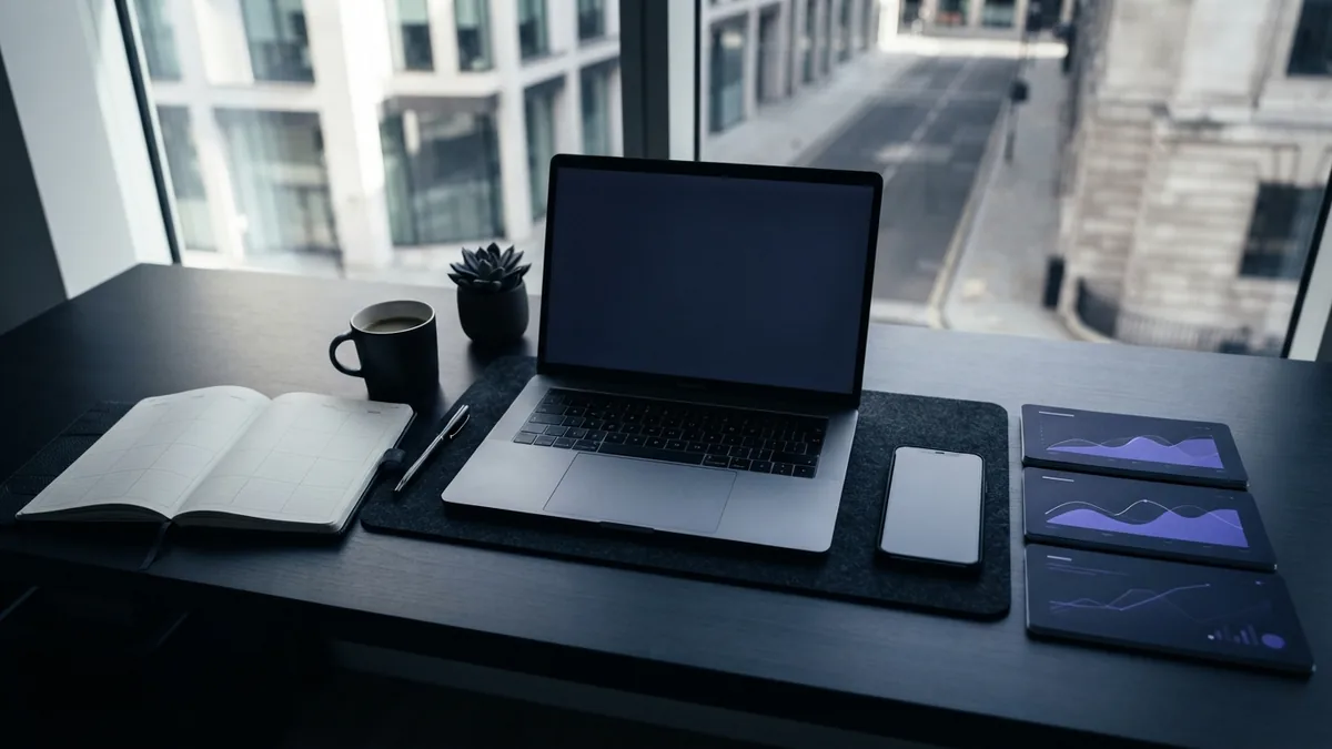 Workspace with laptop, phone, planner, and charts for managing social media