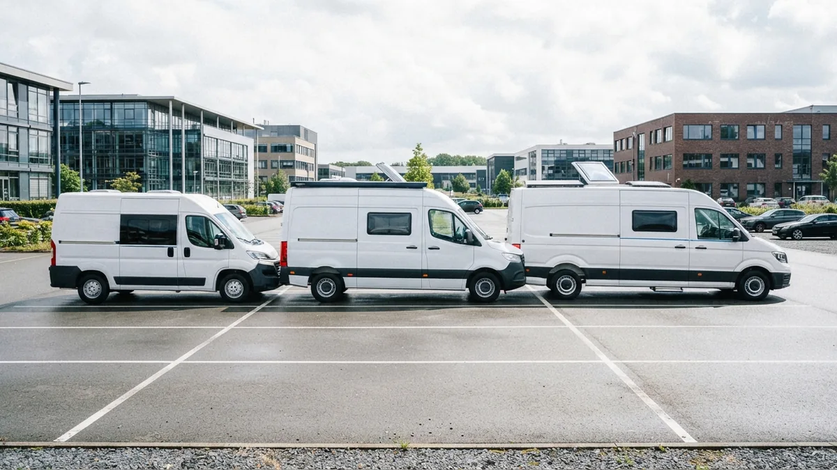 Different conversion van sizes compared Conversion van lineup showing different body sizes and travel layouts