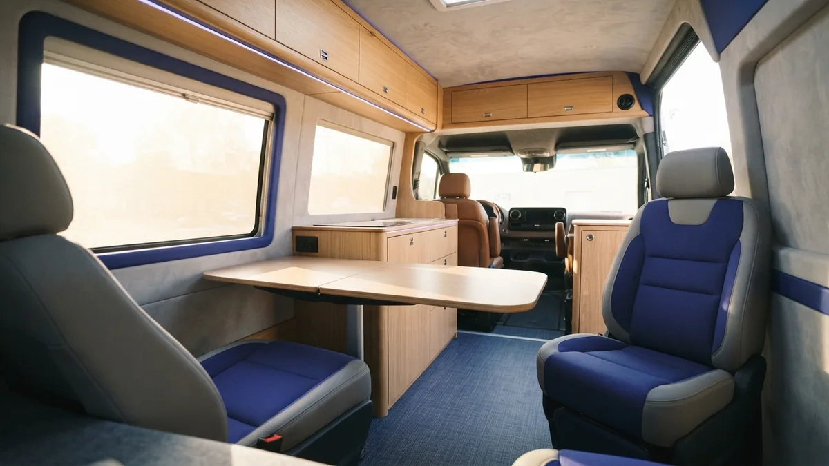 Luxury conversion van interior Luxury conversion van interior with seats, cabinets, and warm wood trim