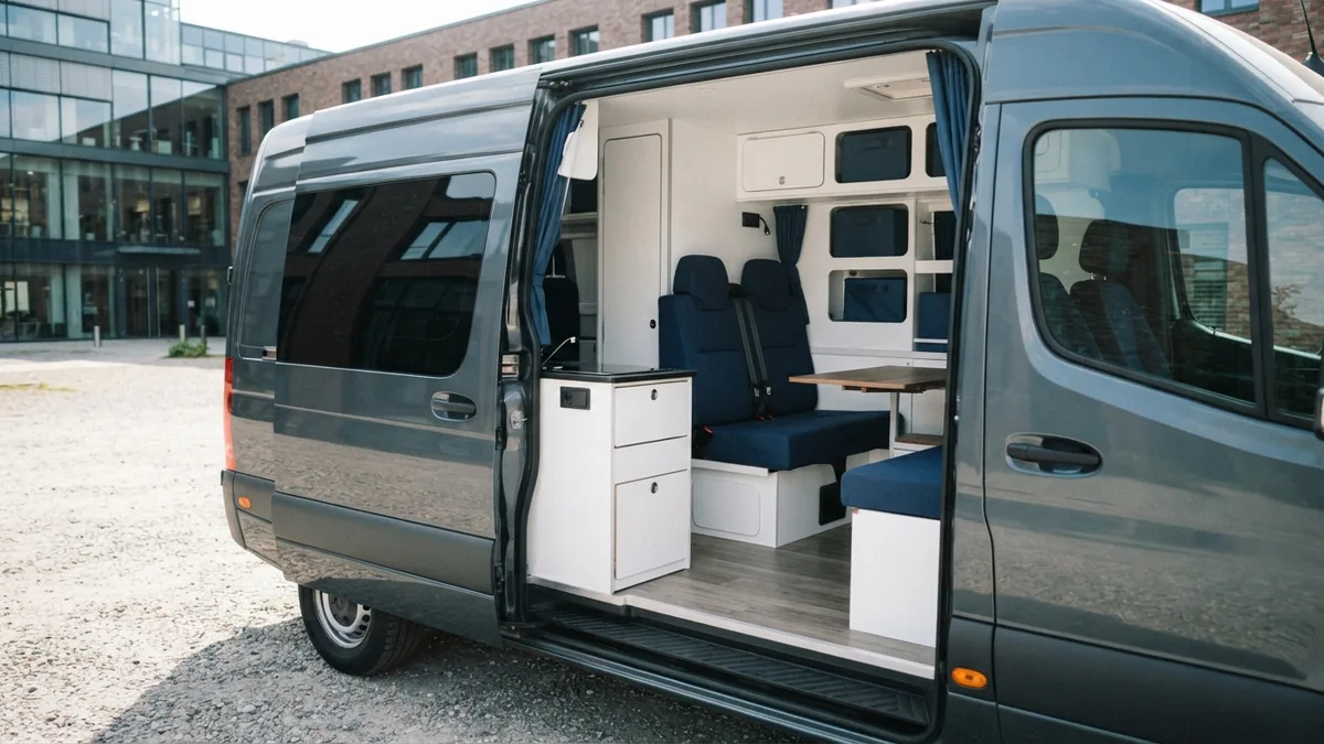 Used conversion van inspected outdoors with open doors and visible storage