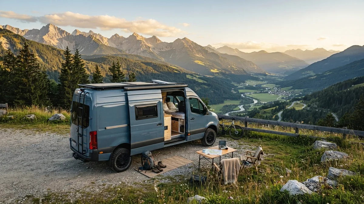 Camper conversion van ready for a road trip beside a mountain campsite