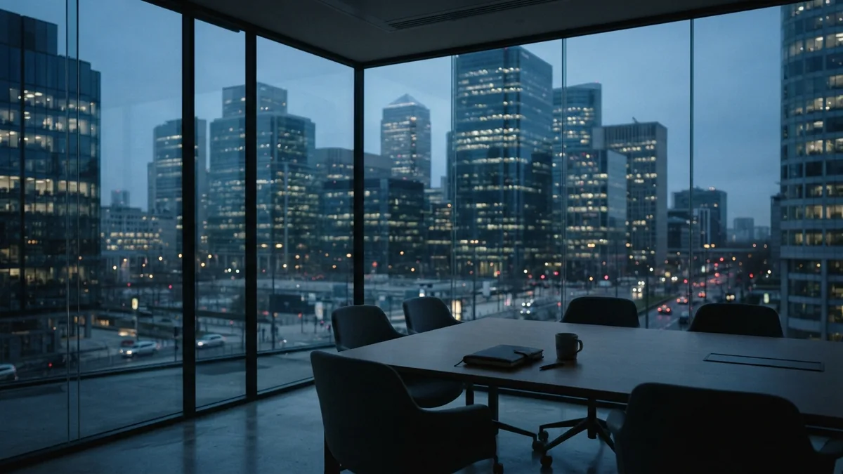 Banking district at quiet blue hour Modern European banking district at blue hour beyond a quiet meeting room