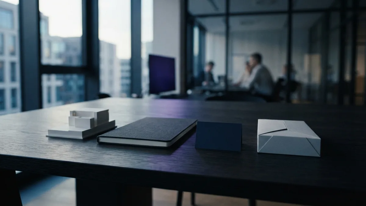 Four blank objects arranged on a calm European co-working table for brand planning