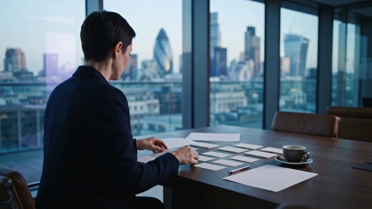 Focused brand planning in a quiet meeting room Anonymous planner arranging blank cards at a quiet European meeting table