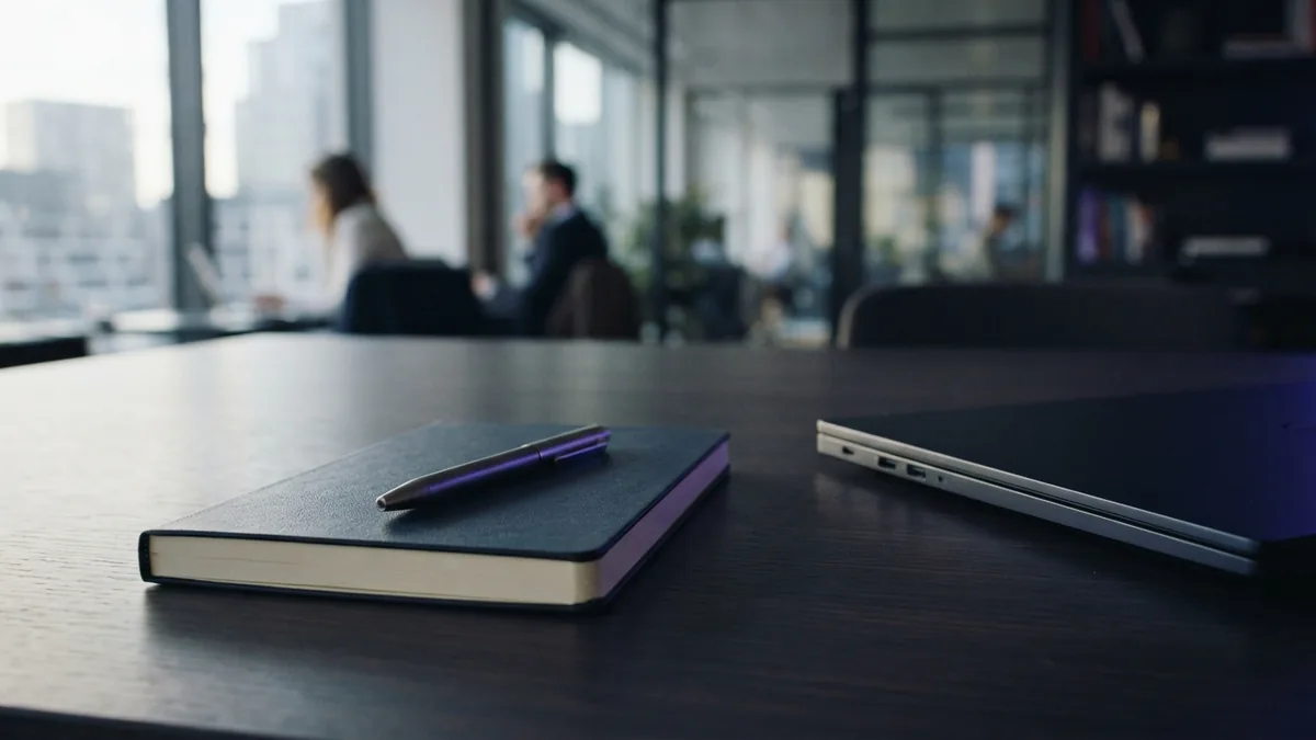 Minimal office desk with notebook and pen ready for business plan drafting