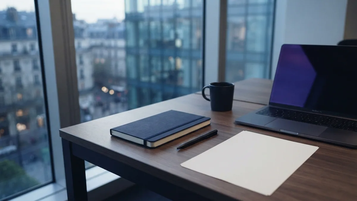 Co-working desk with planning materials beside a bright European window