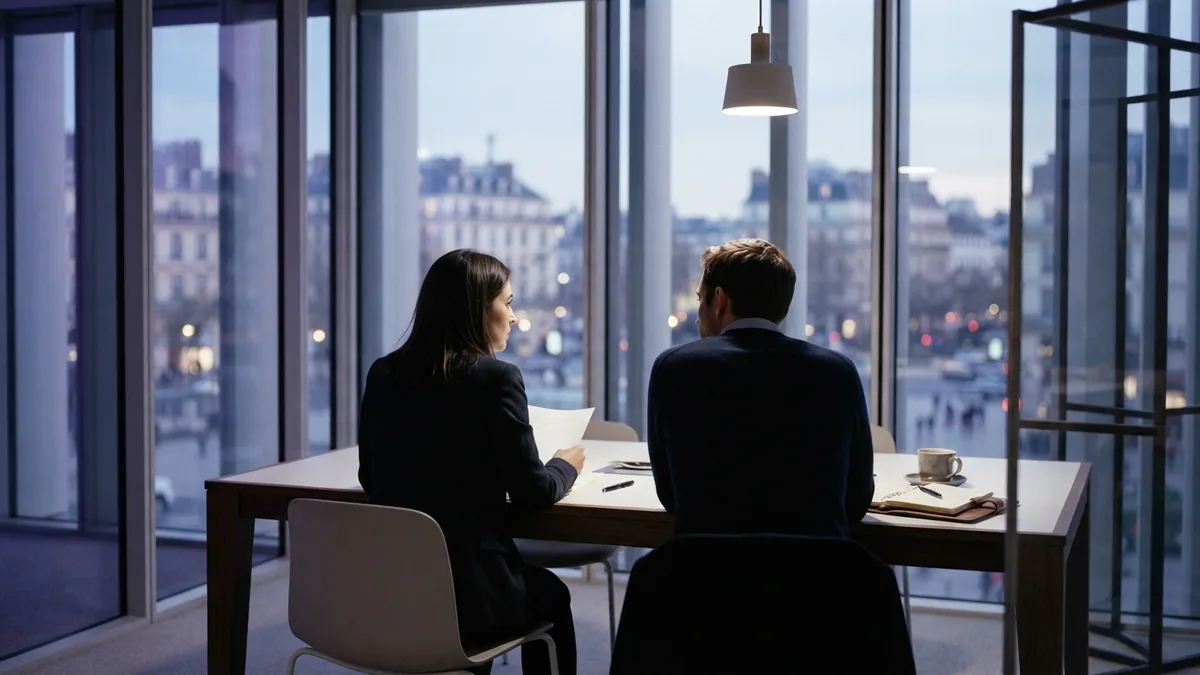 Anonymous business meeting in a modern European room with glass walls
