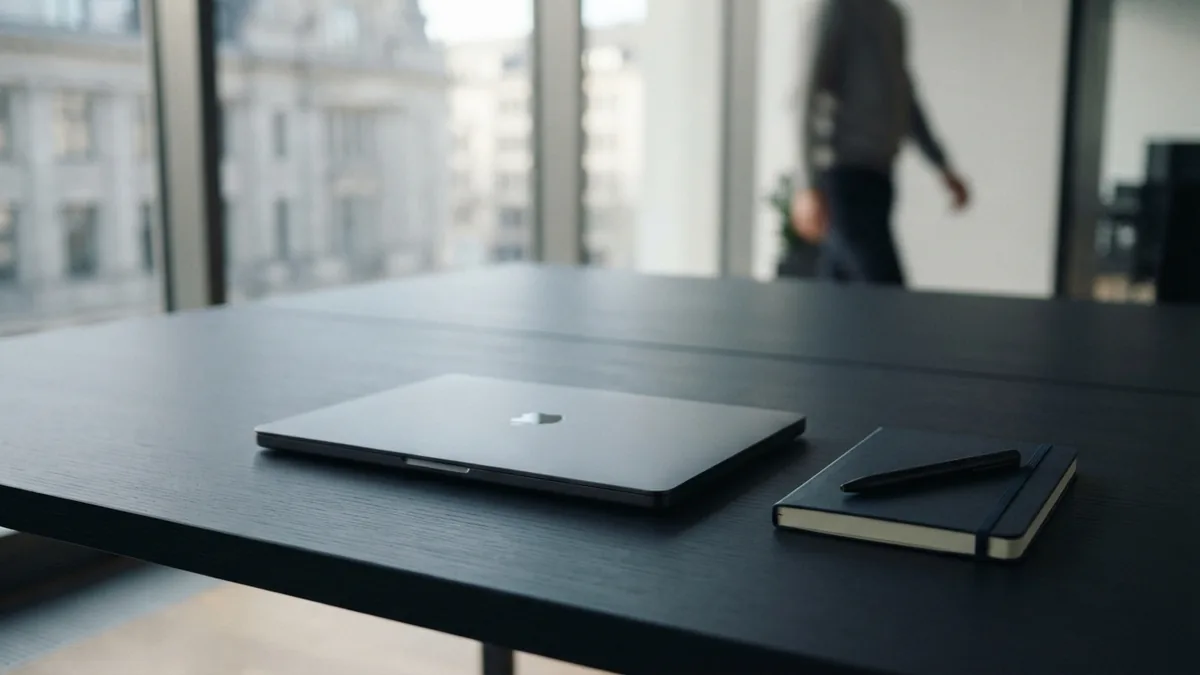 Workspace for shaping a business plan A shared office desk set up for careful business planning and review