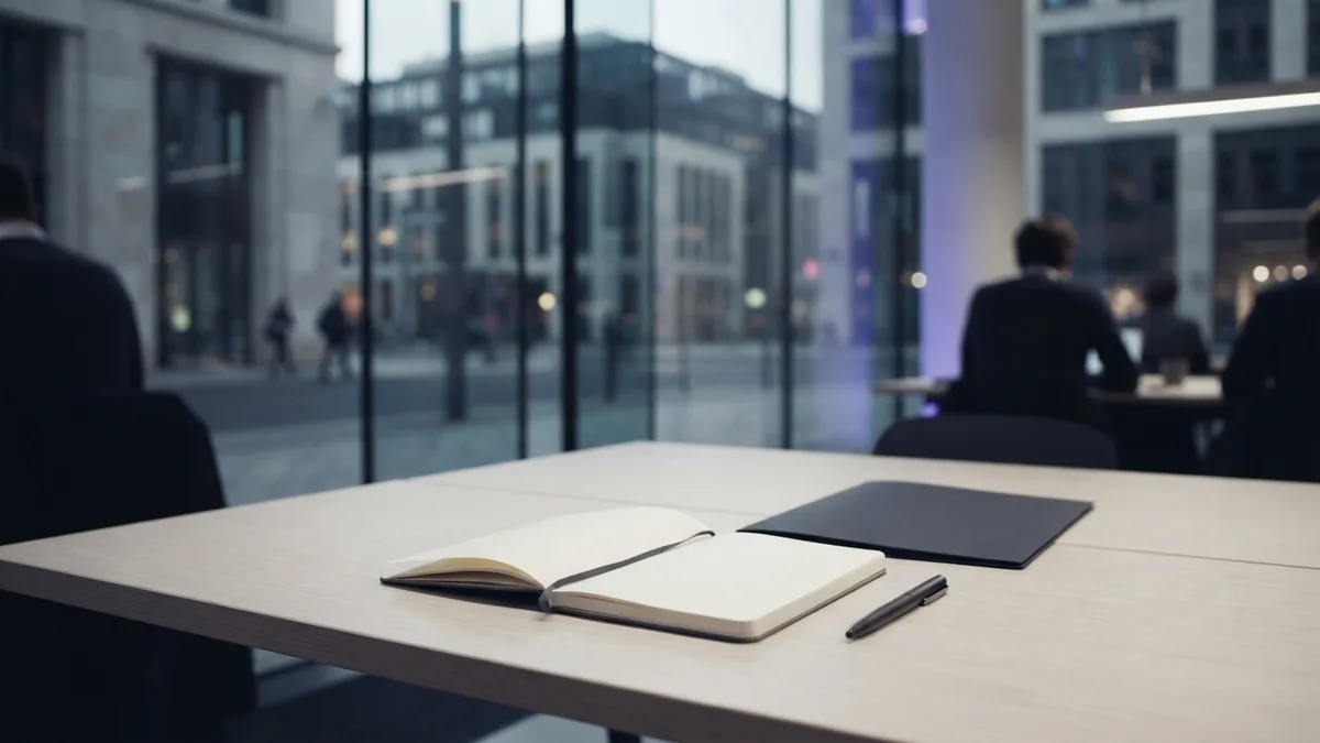 Blank notebook and folder on a pale desk in a modern co-working space