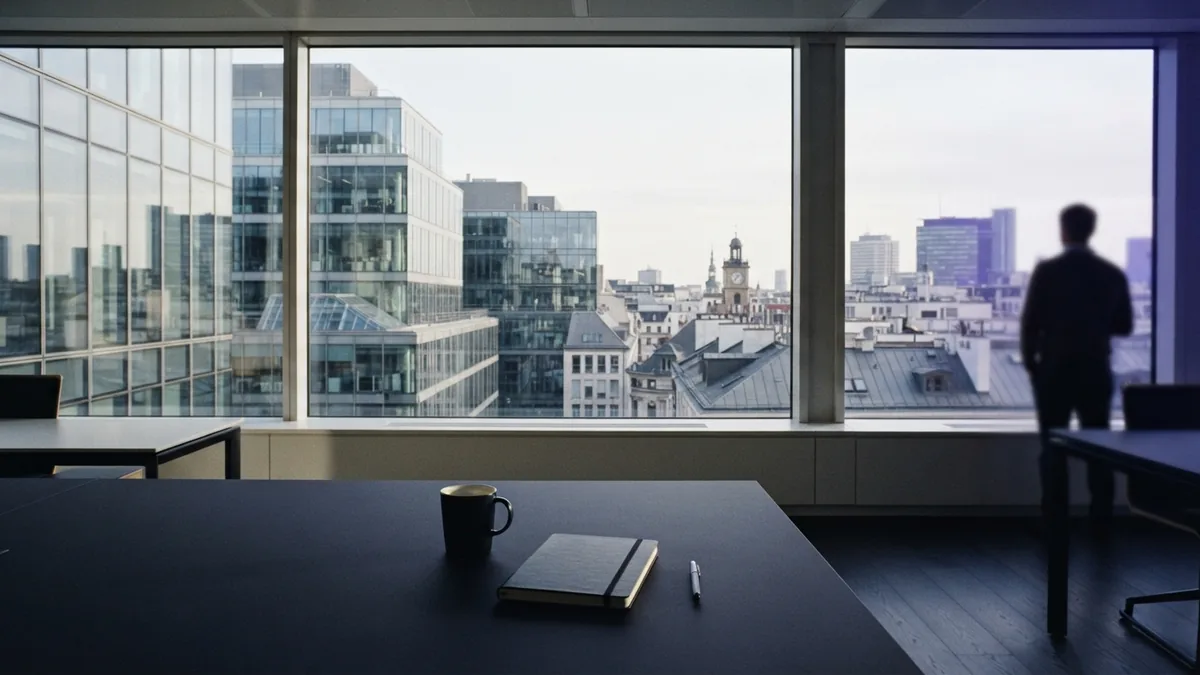 A market view from a city office View across modern European offices from a quiet business workspace