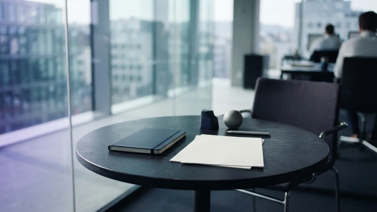 Uncluttered meeting table set for customer and competitor research in a modern office