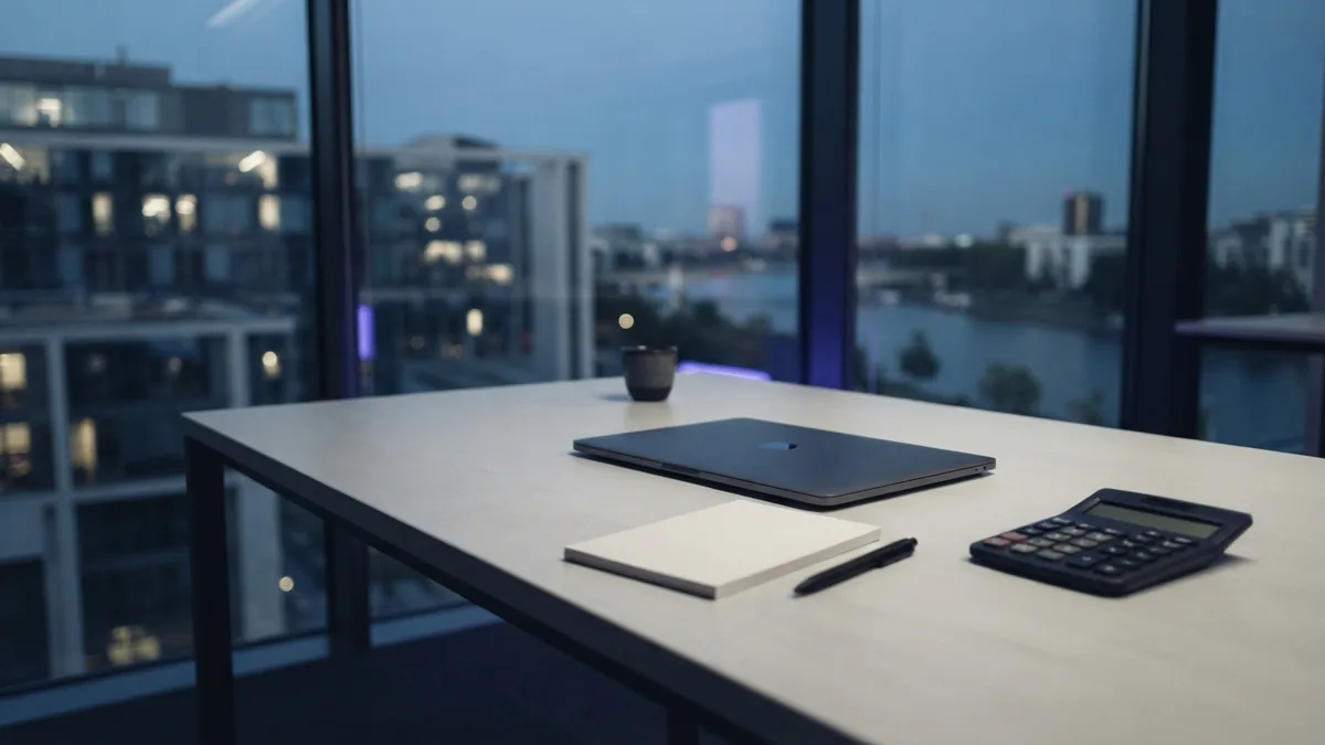 Office desk with blank planning sheets and a calculator in soft daylight