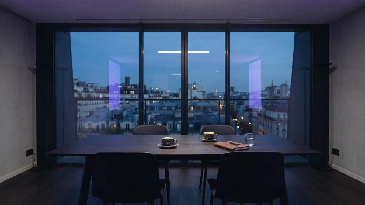 Empty European meeting room with coffee and glass facade at blue hour