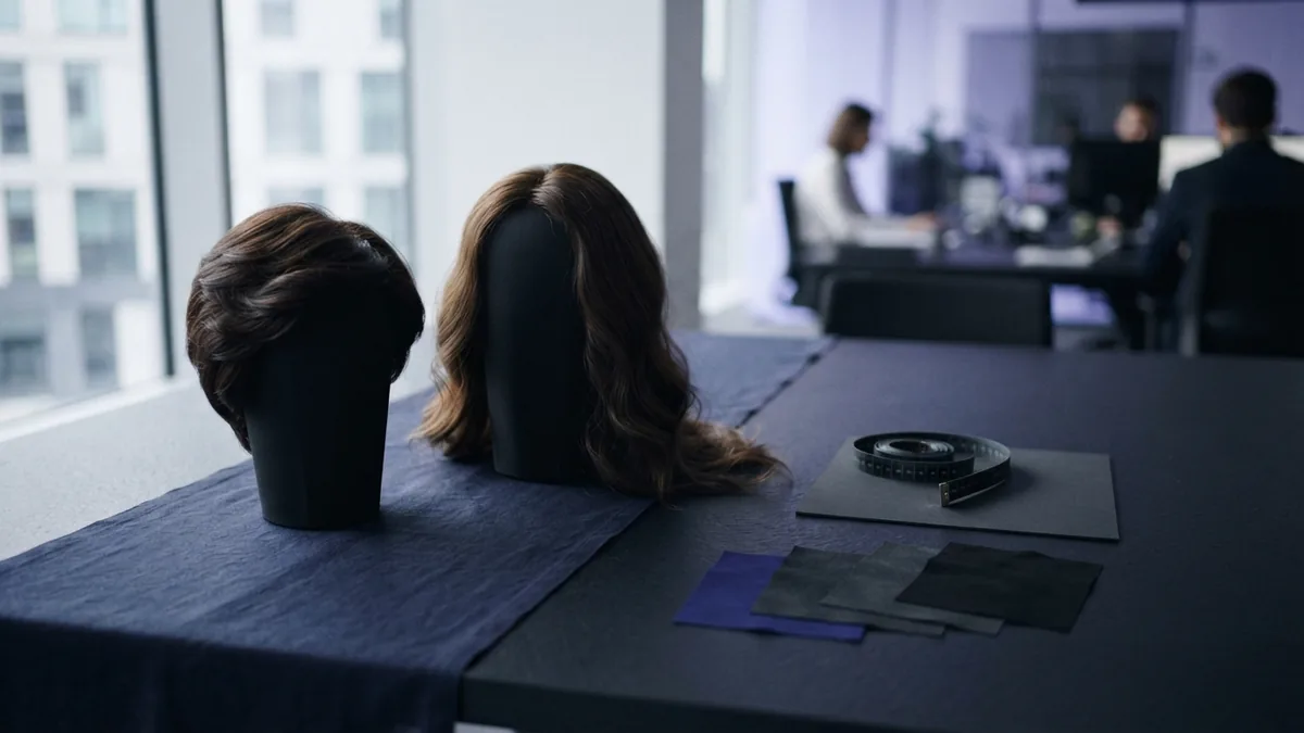 Different wig textures and hair samples set out for product and market research
