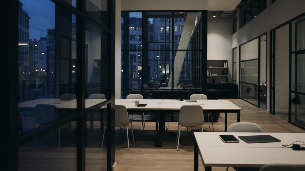 Modern workspace for measured brand growth Modern European co-working space showing the calm setting behind digital brand growth