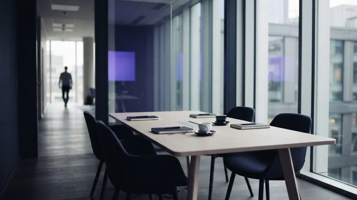 Meeting room for channel planning Minimal meeting room prepared for planning key digital marketing channels