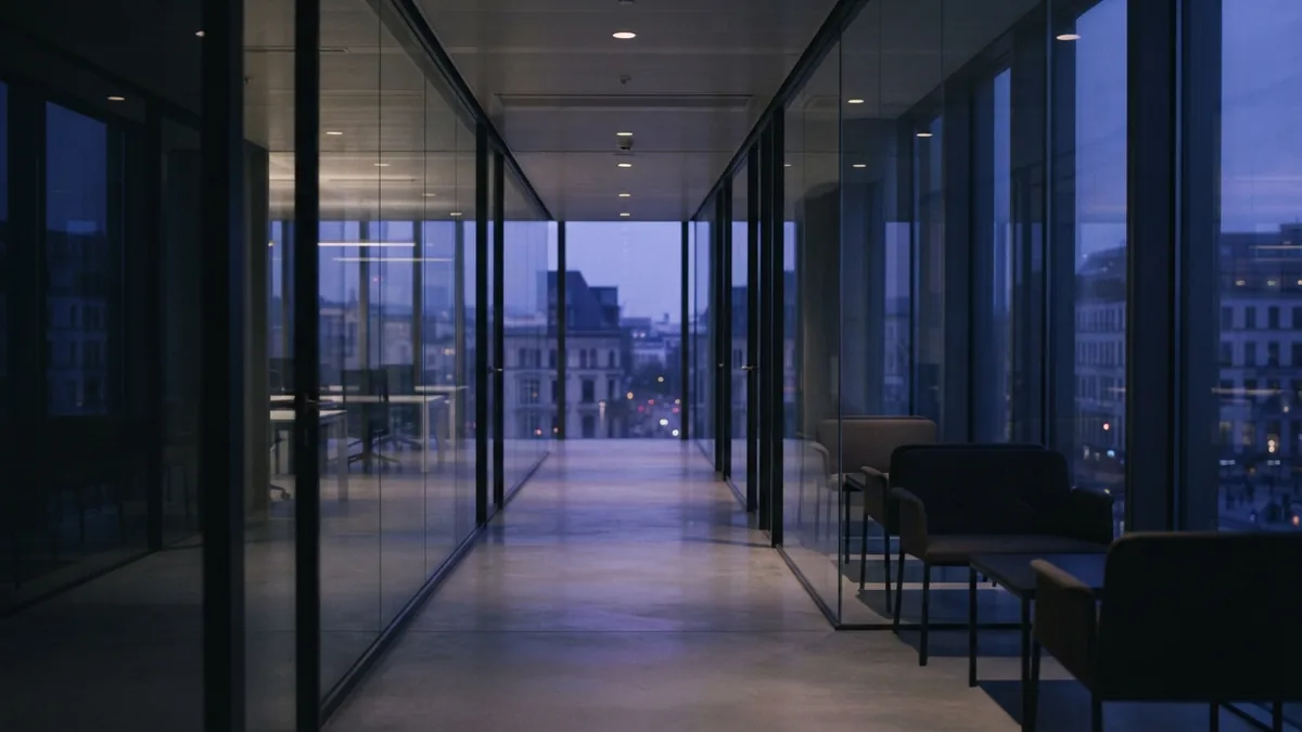 Glass office corridor at dusk representing thoughtful audience targeting and engagement