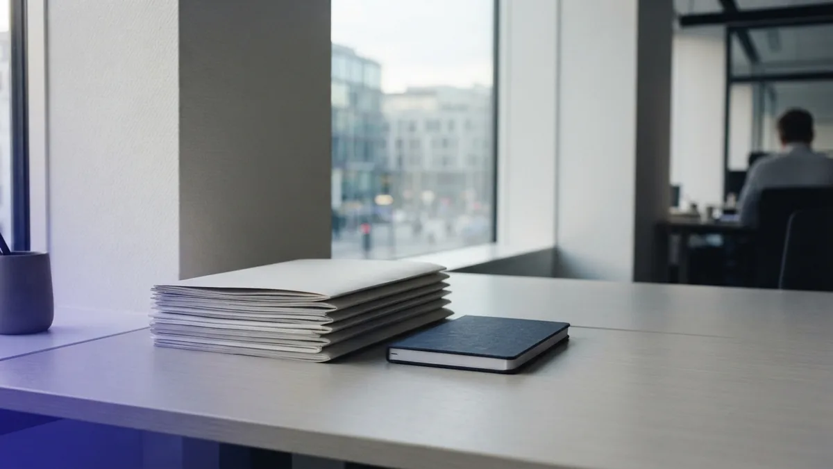 Organised records for a business credit file Unmarked company folders and a ledger in a quiet European office