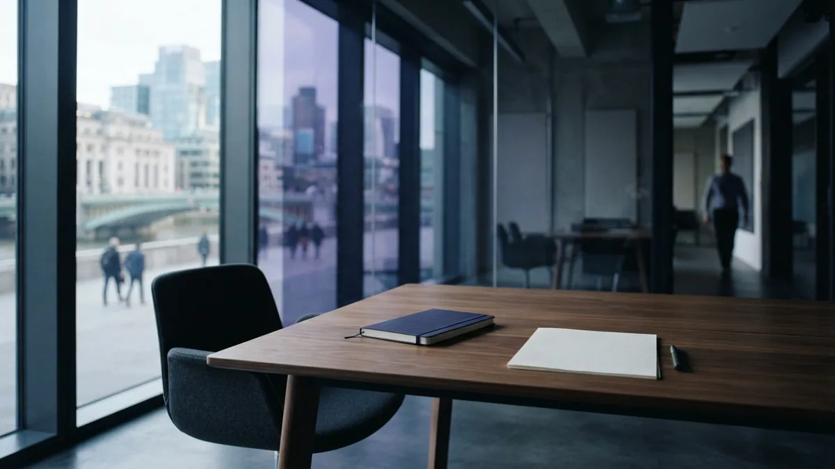 Quiet European meeting room with a notebook and papers on a table