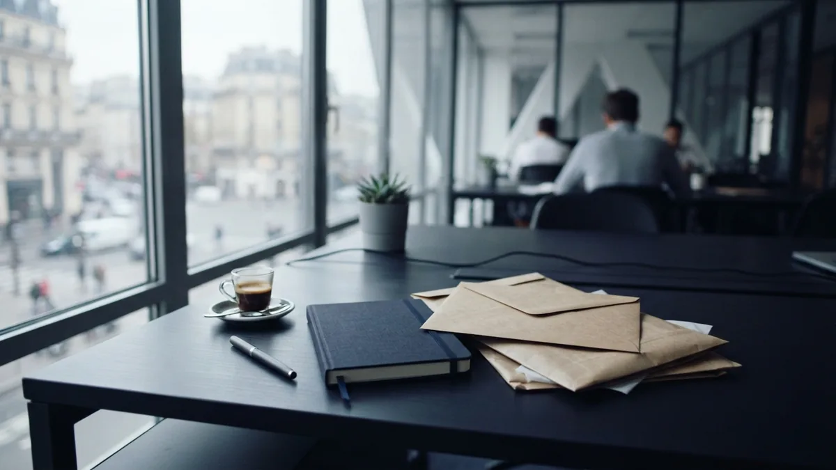 Neatly arranged shipping materials and a notebook on a co-working desk