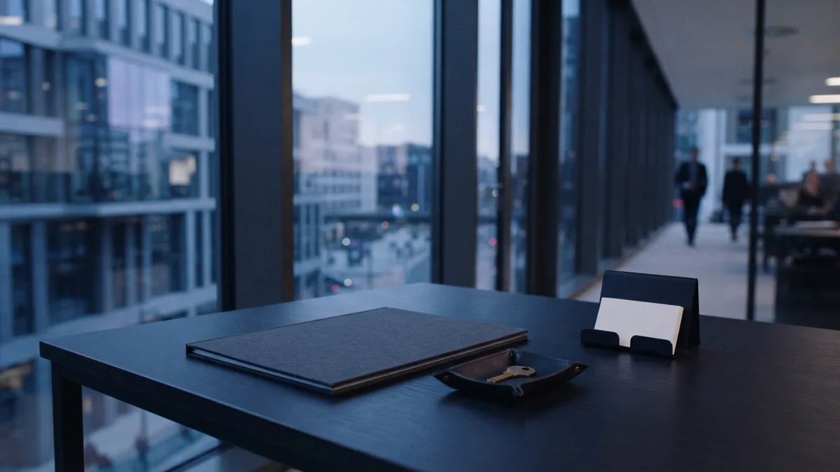 Set up a separate business identity A neat office desk with business records and a key beside a glass facade