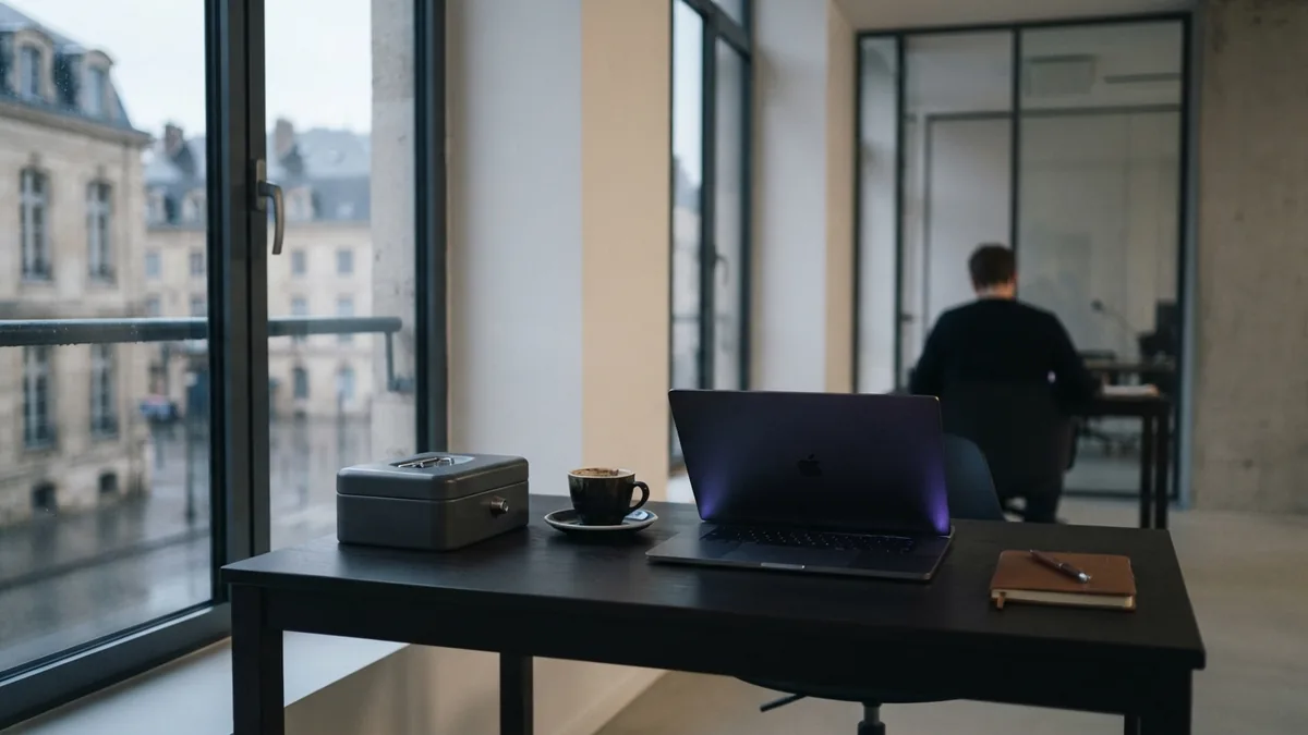 Secure setup for automatic savings Minimal office desk with secure savings storage and cool daylight