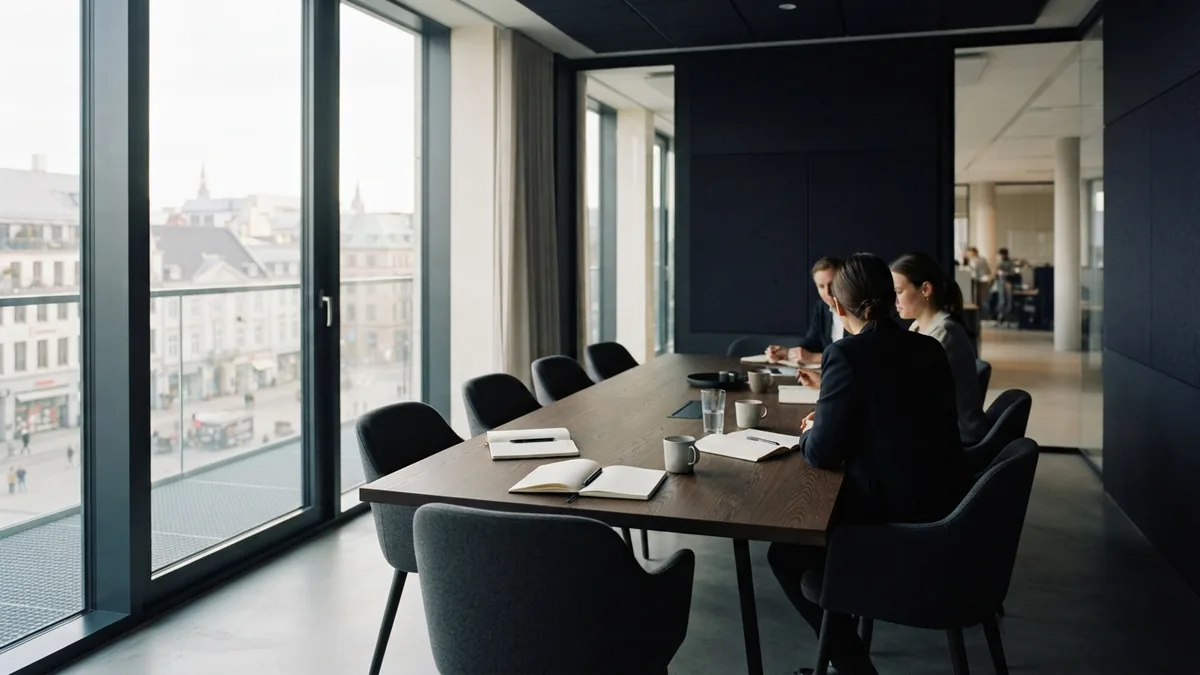 Choose a room that invites good talks Small European meeting room with a long table suited to focused business networking