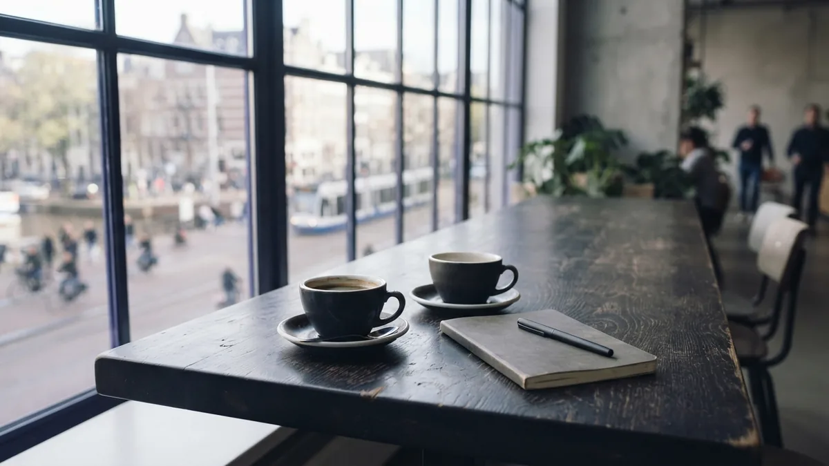 Two coffee cups and a notebook on a cafe table ready for a business conversation