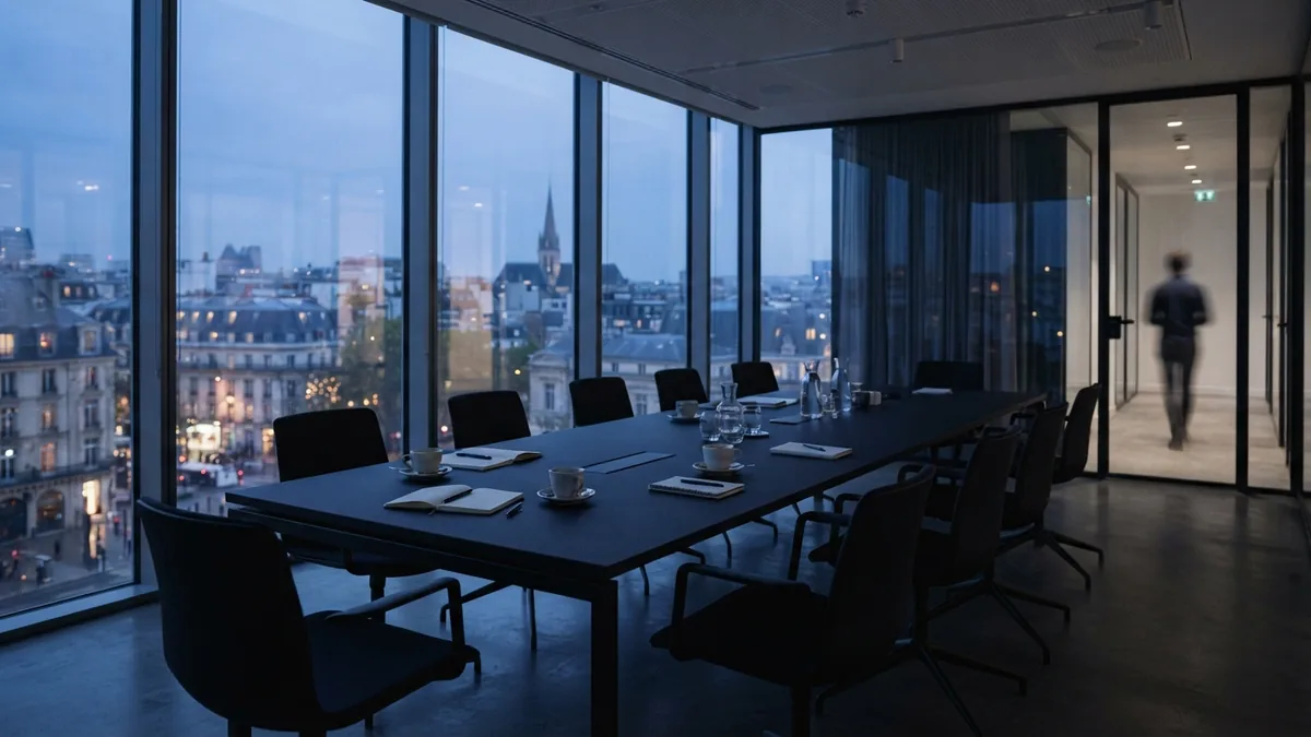 Build trust through steady business ties Calm glass-walled boardroom after a meeting, with chairs arranged around a clear table