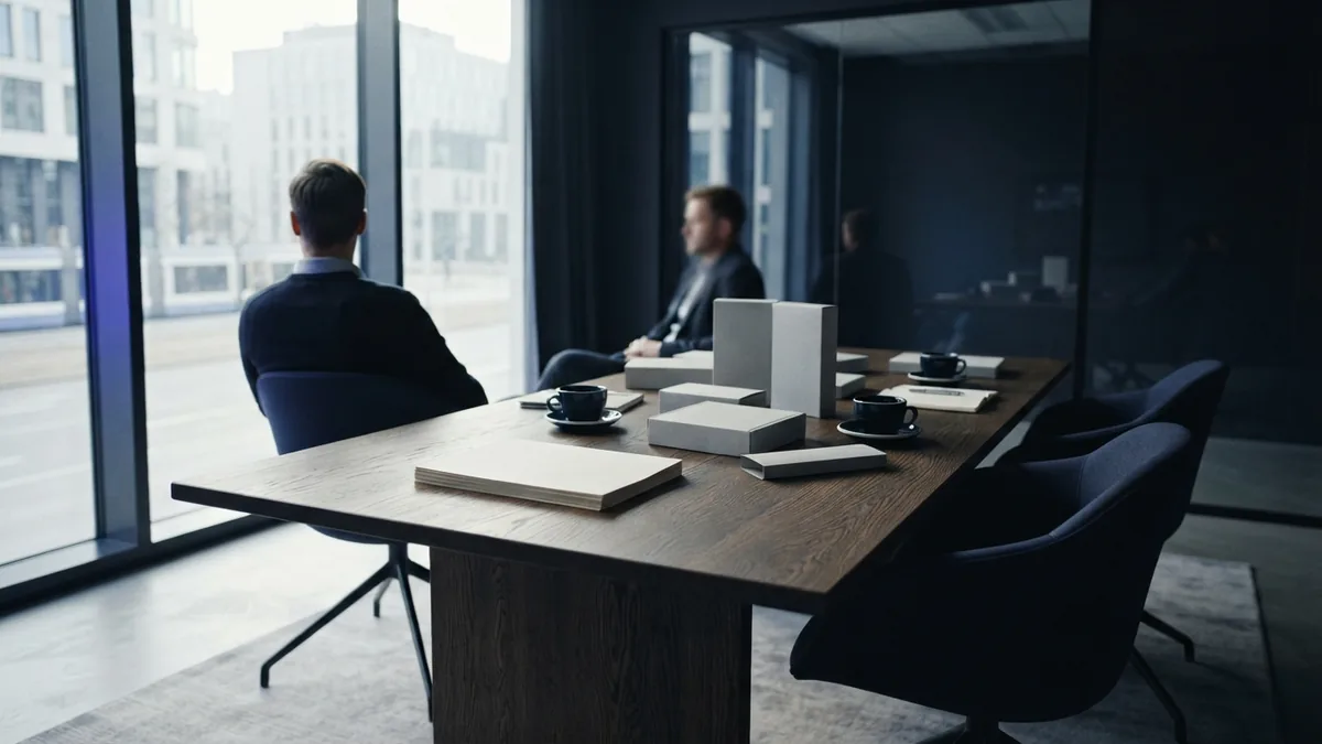 A meeting space for buyer research Uncluttered meeting table prepared for interviews and buyer research in a modern office