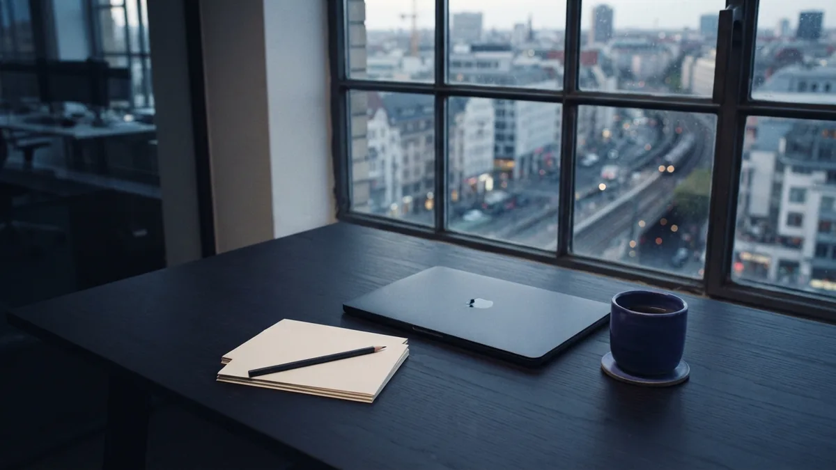 Business planning desk with blank note cards and a closed laptop beside a bright window