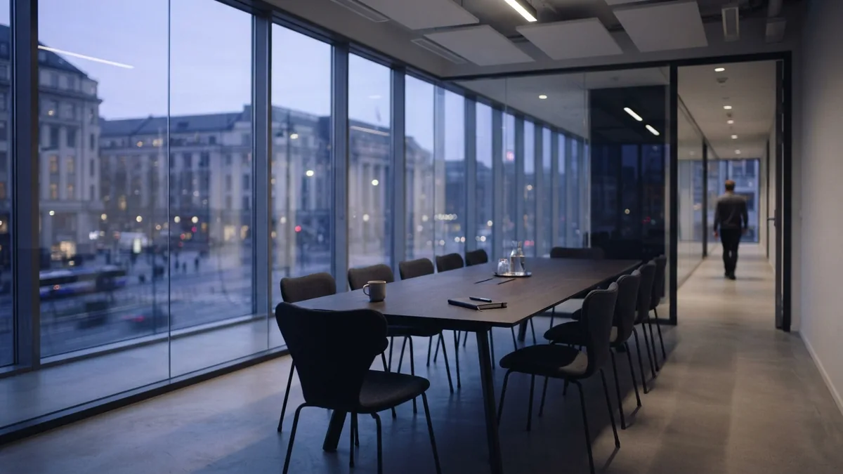 Minimal European meeting room with glass walls and a long table