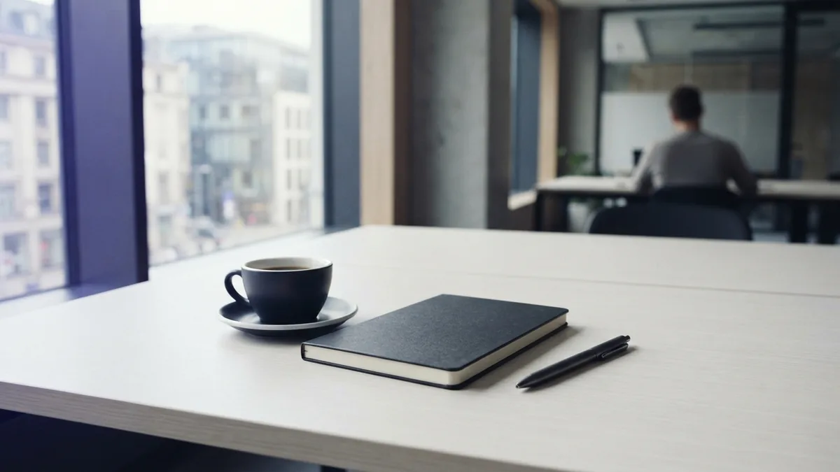 Business study desk with a plain notebook near a bright office window