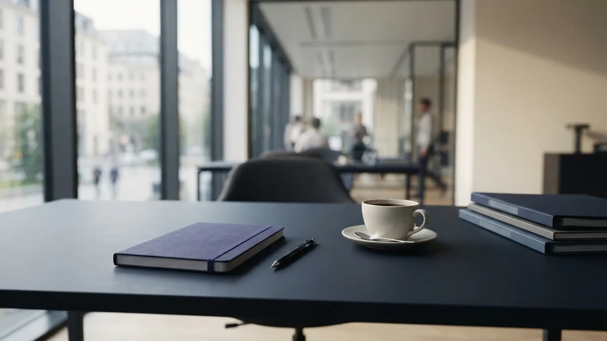 Consulting desk with notebook and coffee in a modern European office