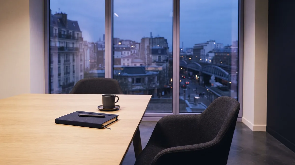 Choosing a good advisor fit Minimal meeting room with empty chairs and a notebook for advisor selection