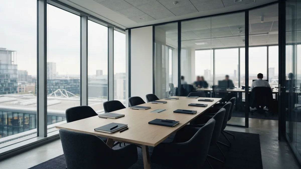 Quiet glass meeting room with a long table and neatly placed notebooks