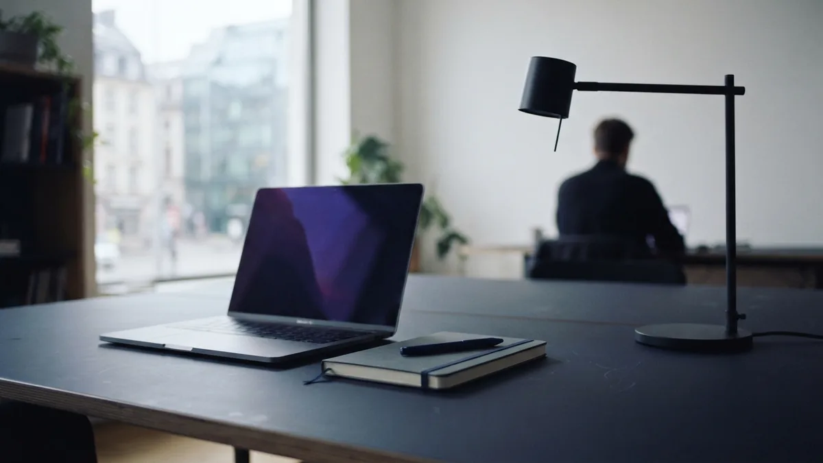 A shared workspace for business tasks Shared office desk with a laptop and notebook in a pale modern workspace