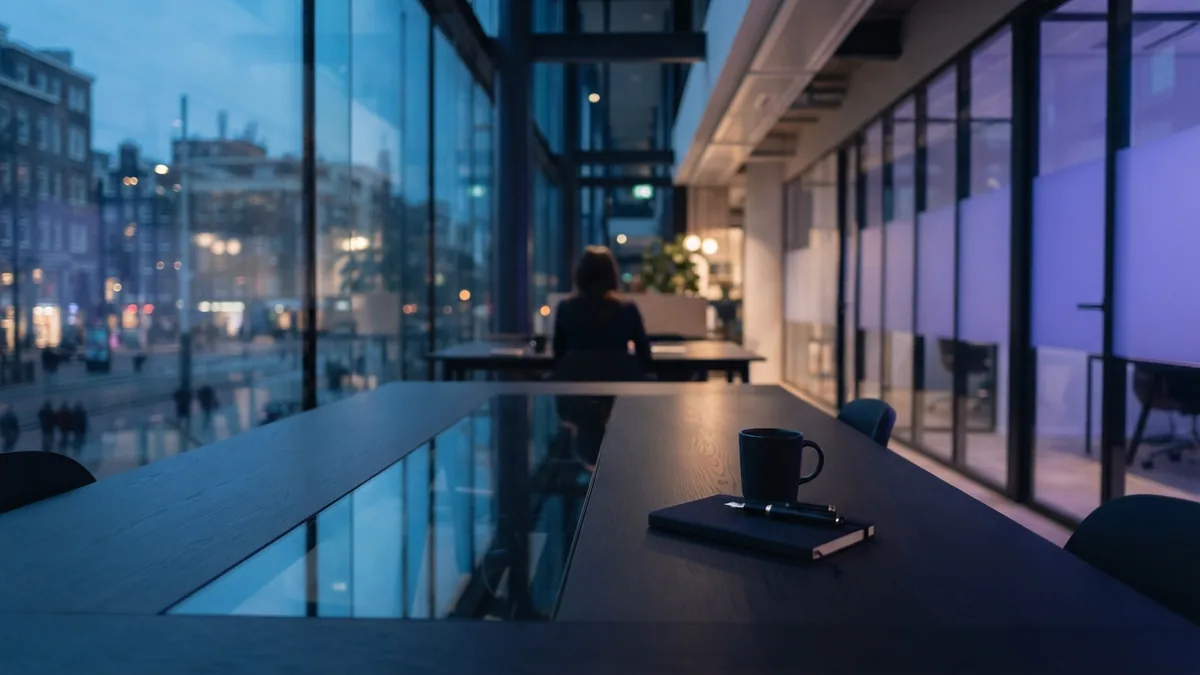 A modern office at blue hour Modern European office at blue hour with soft light reflected on a table