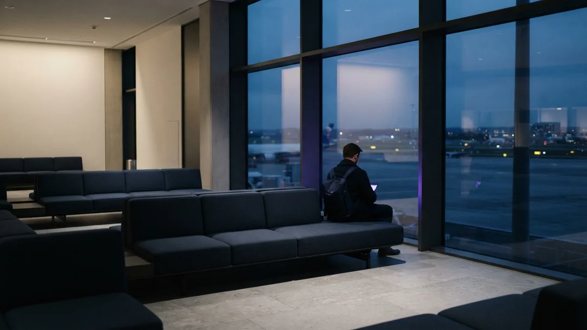 A quiet airport lounge setting Refined airport lounge with spacious seating and soft daylight for premium travelers