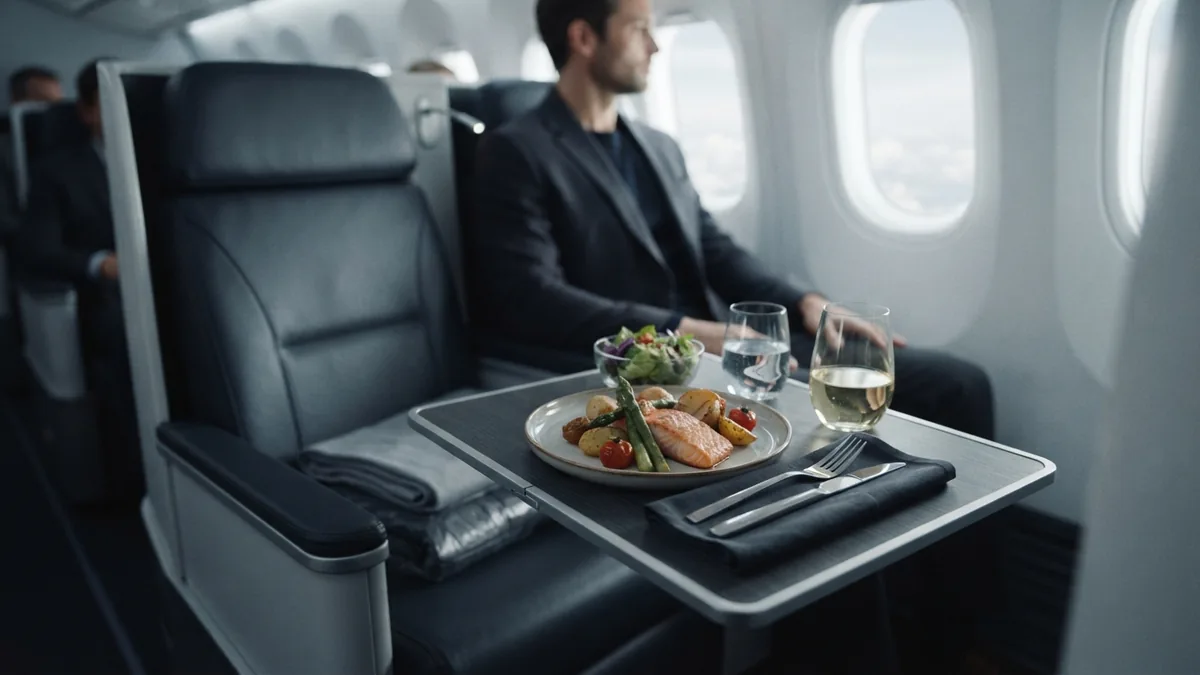 A refined premium cabin meal Premium airline meal arranged beside a wide business class seat in soft light