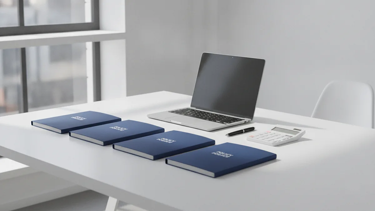 Comparing business insurance quotes Business owner comparing insurance quotes and policy folders at a work table