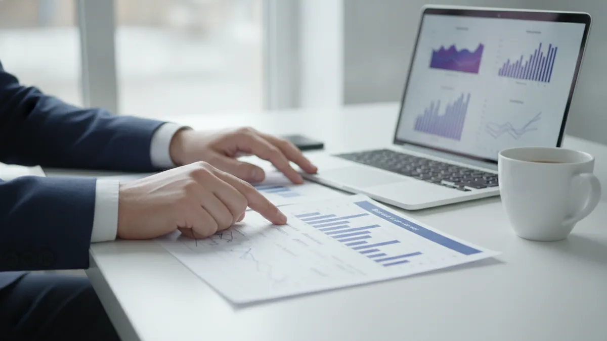 Translating data into decisions Business intelligence manager reviewing dashboards and planning decisions at a desk.
