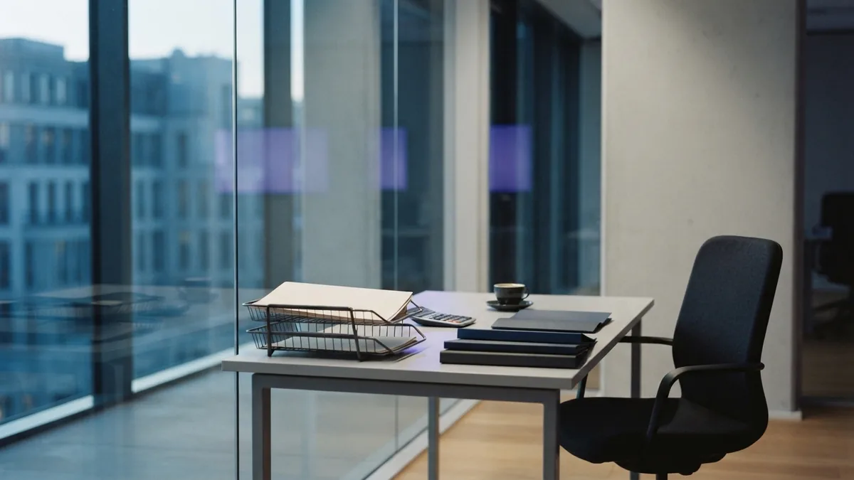 Orderly European meeting room with folders and tools for reviewing business loan terms