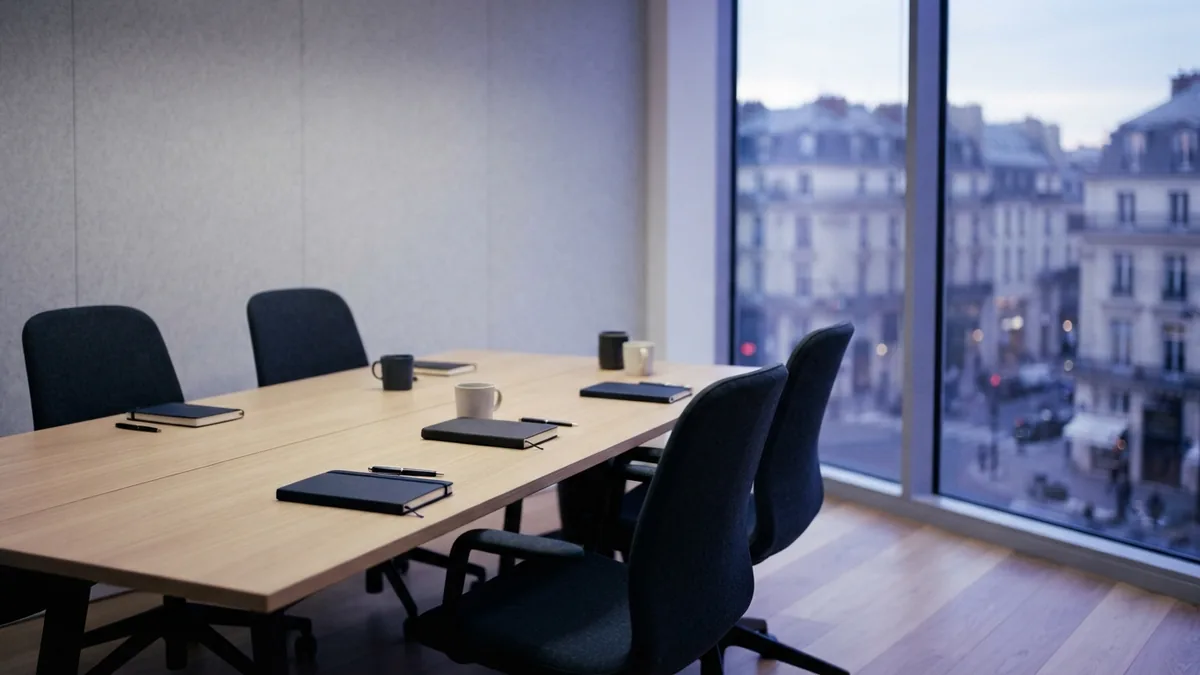 A workspace for business planning A simple European office arranged for business planning, with a long table and closed notebooks