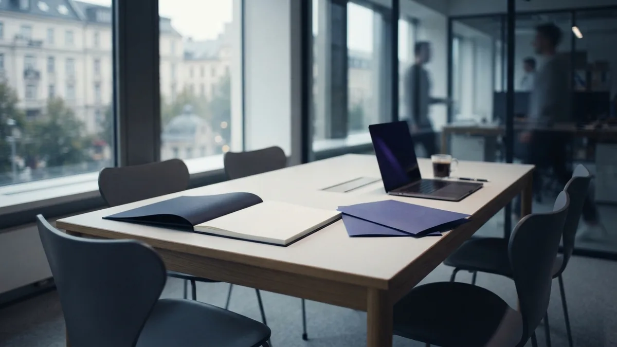 A shared space for team learning Shared office desk with plain folders and chairs set for a team skills session