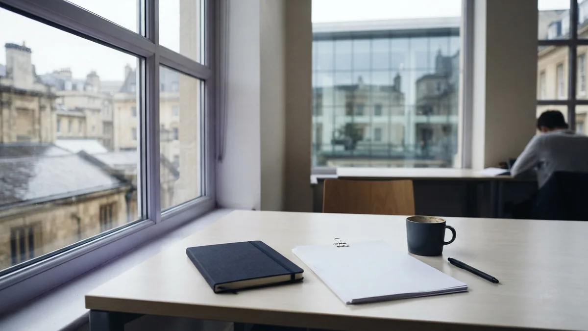 A quiet place to study business European university study desk near tall windows and a glass city facade