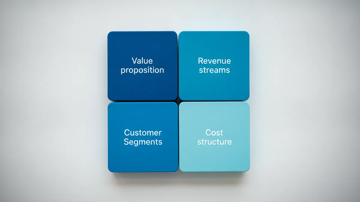 Business model components Cards representing business model components like value, customers, revenue, and costs.