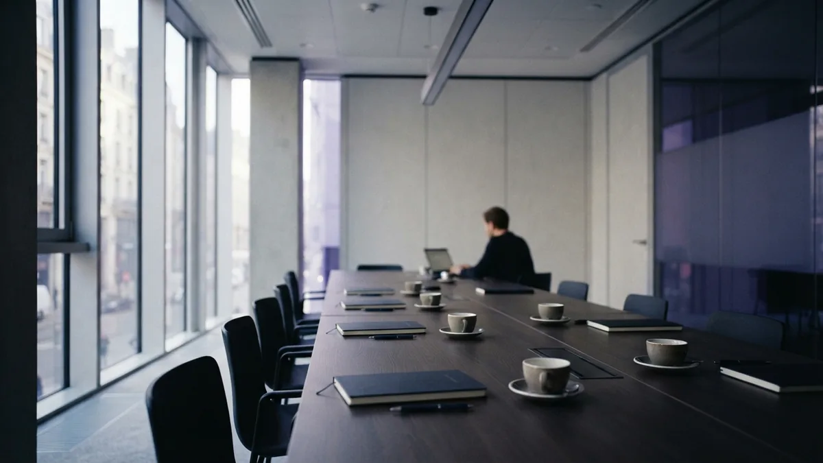 Modern European meeting room with notebooks and coffee arranged for business model review