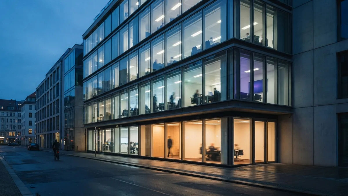 Glass European office building at blue hour showing a calm setting for business growth