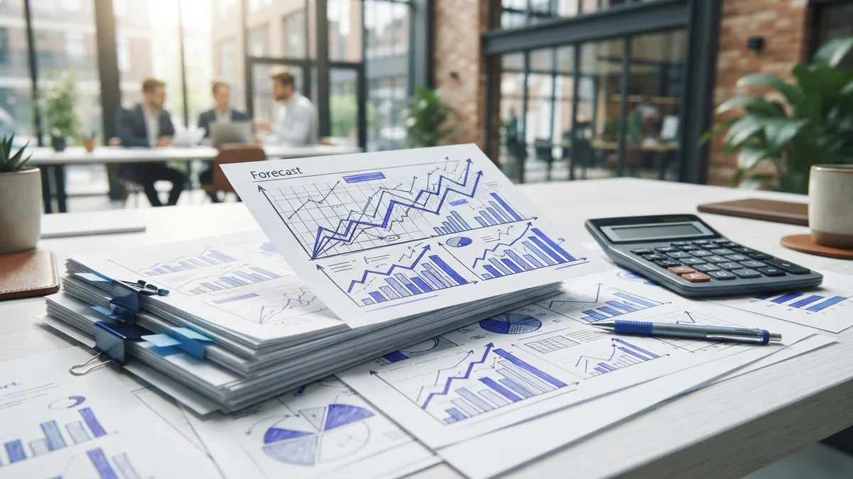 Detailed financial forecast records Detailed financial forecasts and supporting records arranged for review on a modern desk